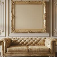 A vintage, antique frame with intricate gold detailing hangs on the wall above a plush velvet sofa. photo
