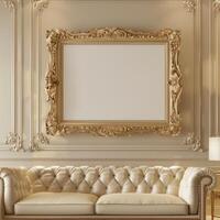 A vintage, antique frame with intricate gold detailing hangs on the wall above a plush velvet sofa. photo