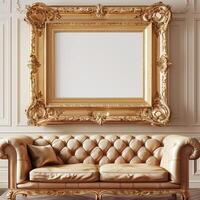 A vintage, antique frame with intricate gold detailing hangs on the wall above a plush velvet sofa. photo