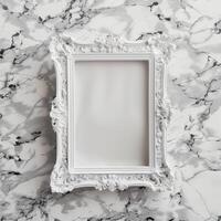 A white picture frame with an empty space inside, sitting on top of a marble surface. photo