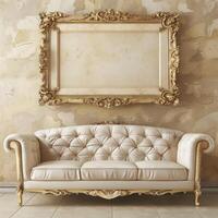 A vintage, antique frame with intricate gold detailing hangs on the wall above a plush velvet sofa. photo