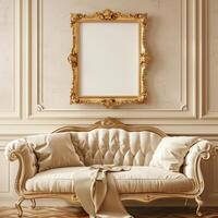 A vintage, antique frame with intricate gold detailing hangs on the wall above a plush velvet sofa. photo