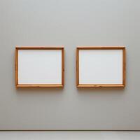 Two empty, wide, wooden frames on a light gray plain wall. photo
