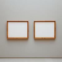 Two empty, wide, wooden frames on a light gray plain wall. photo