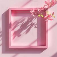 A pink square frame with a shadow with flowers in background. photo