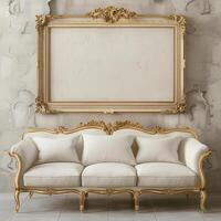 A vintage, antique frame with intricate gold detailing hangs on the wall above a plush velvet sofa. photo