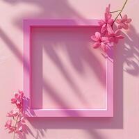 A pink square frame with a shadow with flowers in background. photo