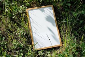 A plain white frame mockup, laying on grass in sunny day. photo