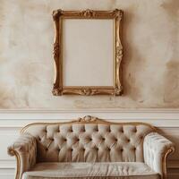 A vintage, antique frame with intricate gold detailing hangs on the wall above a plush velvet sofa. photo