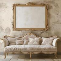 A vintage, antique frame with intricate gold detailing hangs on the wall above a plush velvet sofa. photo