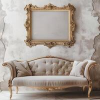 A vintage, antique frame with intricate gold detailing hangs on the wall above a plush velvet sofa. photo