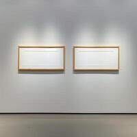 Two empty, wide, wooden frames on a light gray plain wall. photo