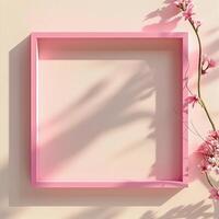 A pink square frame with a shadow with flowers in background. photo