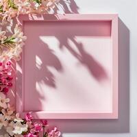 A pink square frame with a shadow with flowers in background. photo