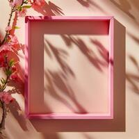 A pink square frame with a shadow with flowers in background. photo