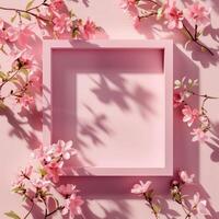 A pink square frame with a shadow with flowers in background. photo