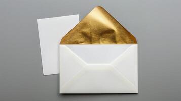 An envelope with gold foil on it, with the top open placed against a gray background. photo