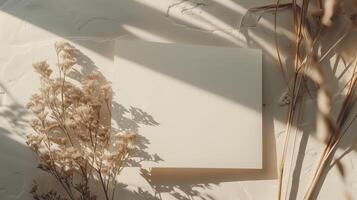 A light white and light brown blank invitation mockup with dried flowers and many shadows. photo