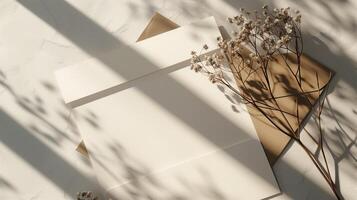 A light white and light brown blank invitation mockup with dried flowers and many shadows. photo