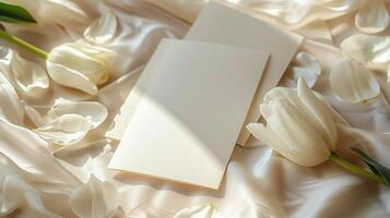 Two white postcards with small white tulips and flower petals around on a baige background. photo