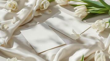 Two white postcards with small white tulips and flower petals around on a baige background. photo