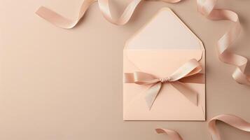 A mockup of an envelope with a gold ribbon on a neutral beige background. photo