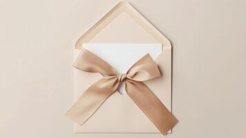 A mockup of an envelope with a gold ribbon on a neutral beige background. photo