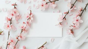 A blank wedding invitation card mockup adorned with delicate pink flowers. photo