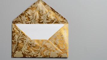 An envelope with gold foil on it, with the top open placed against a gray background. photo