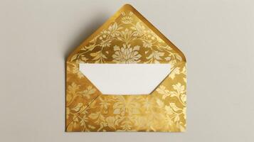 An envelope with gold foil on it, with the top open placed against a gray background. photo