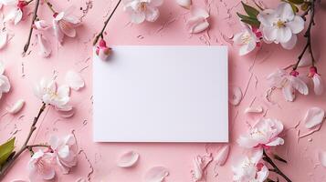 A blank wedding invitation card mockup adorned with delicate pink flowers. photo