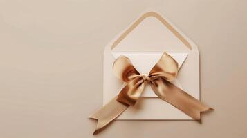 A mockup of an envelope with a gold ribbon on a neutral beige background. photo