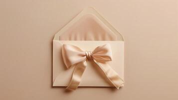 A mockup of an envelope with a gold ribbon on a neutral beige background. photo