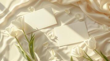 Two white postcards with small white tulips and flower petals around on a baige background. photo