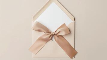 A mockup of an envelope with a gold ribbon on a neutral beige background. photo