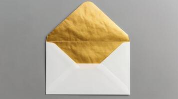 An envelope with gold foil on it, with the top open placed against a gray background. photo