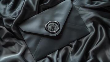 A luxurious black envelope lying on a richly textured satin cloth background. photo