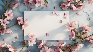 A blank wedding invitation card mockup adorned with delicate pink flowers. photo