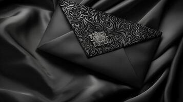 A luxurious black envelope lying on a richly textured satin cloth background. photo