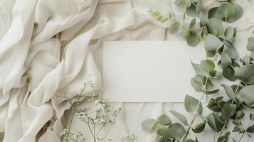 A lat lay card mockup adorned with eucalyptus branche and flowers. photo