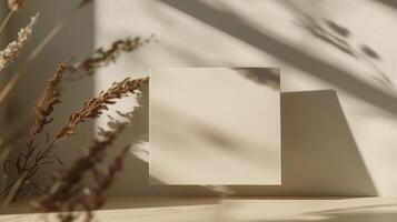 A light white and light brown blank invitation mockup with dried flowers and many shadows. photo