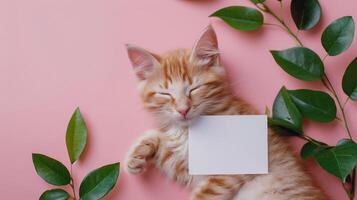 A cute kitten sleeping next to green leaves on a pink background with a blank white card in the middle of the picture. photo