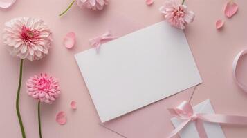 A wedding invitation with flowers and ribbon on a pink background. photo