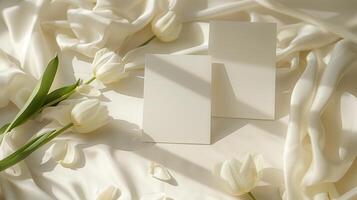 Two white postcards with small white tulips and flower petals around on a baige background. photo