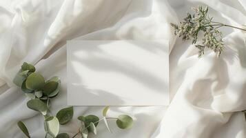 A lat lay card mockup adorned with eucalyptus branche and flowers. photo