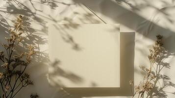 A light white and light brown blank invitation mockup with dried flowers and many shadows. photo