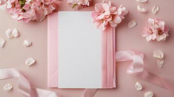 A wedding invitation with flowers and ribbon on a pink background. photo