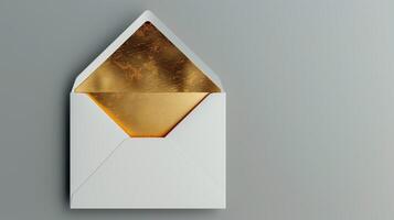 An envelope with gold foil on it, with the top open placed against a gray background. photo