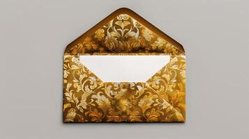 An envelope with gold foil on it, with the top open placed against a gray background. photo