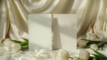 Two white postcards with small white tulips and flower petals around on a baige background. photo